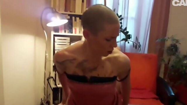 Watch this fit shaved head slut get ploughed from behind