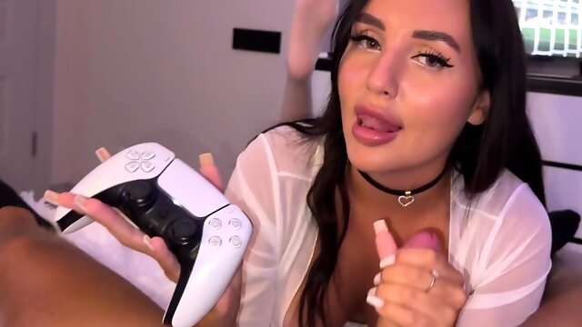 Hot Brunette in white stockings seduced me to anal fuck instead of playing PS5