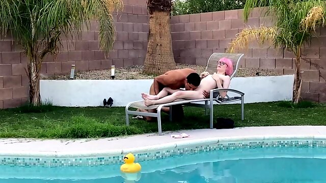 Tiny Trans Cutie Claire Gemini Sucks Huge Cock by the Pool