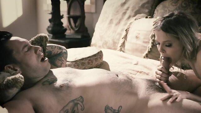 Inked man passionately makes love with adorable blonde chick