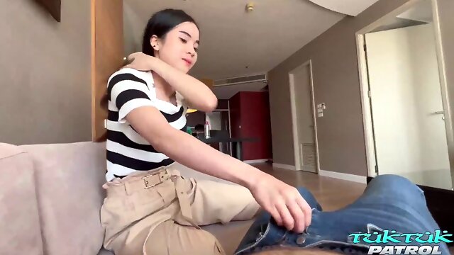 Thai cutie with hairy pussy pleasured by foreign dick on TukTukPatrol