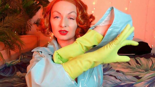 Sensual latex glove fetish ASMR film with Arya Grander - Green Gloves household play