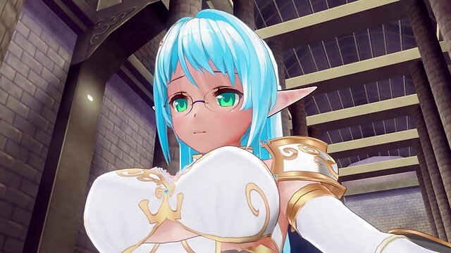 Uncensored hentai featuring blue-haired elf pleasuring herself with ahegao expressions