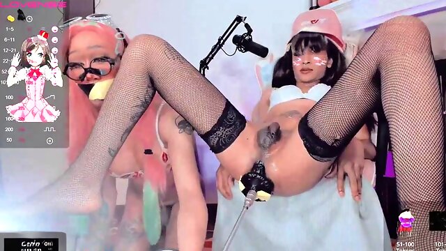 Stunning Latina tgirls share a fucking machine in wild cam session Part 3