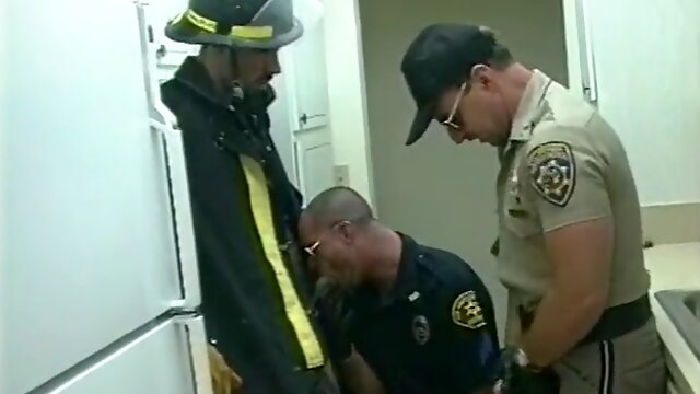 Firefighter pounds gay cops ass before ejaculating on his toned abs