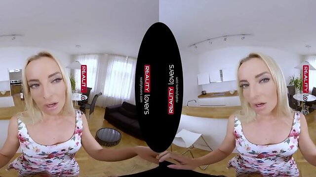 Hot blonde in high heels and sundress enjoys virtual reality sex
