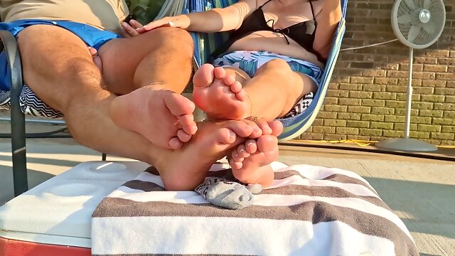Enjoying the sunset on the patio while flaunting our bare feet