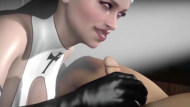 Naughty nun gives blowjob to a big cock