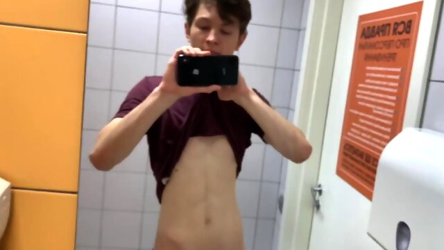 Risky gym toilet jerk-off almost caught by hot boy - steamy hand job action!