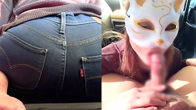 Naughty wife gives a blowjob next to her husbands car