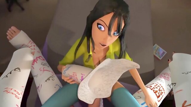 Horny brunette gives deepthroat and gets drilled by a mans massive cock in a 3D cartoon!