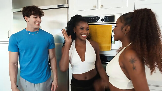 Two perfect babes enjoy interracial FFM fucking today