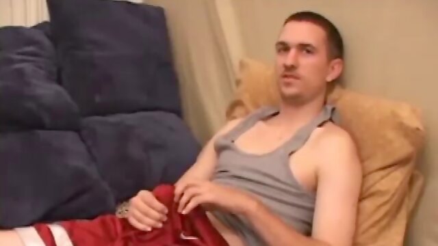 Cute little Casper releases his huge cock from his shorts, lubes it up and starts jacking. After delivering a great stroke show, and taking himself to the edge several times, hes ready to shoot.