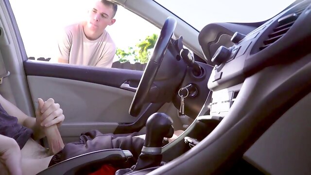 Guy witnesses other fellow stroke his hard-on in the car while in public