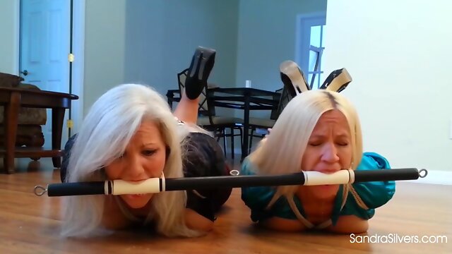 2 nasty blondes, Sandra Silvers and Amanda Foxx got trussed up, taut on the floor