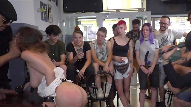 Sub 3some dominated 4 crowd in deepthroat n whipping