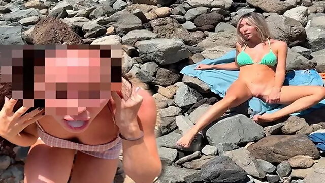 Sex and Blowjob in Public on the Beach from a Blonde and a Brunette
