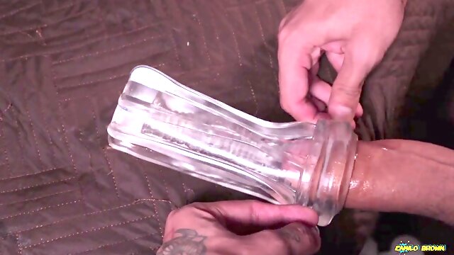 Gigantic wooly fuck-stick Daddy Fucking A Transparent Fleshlight And Filling It With Cum