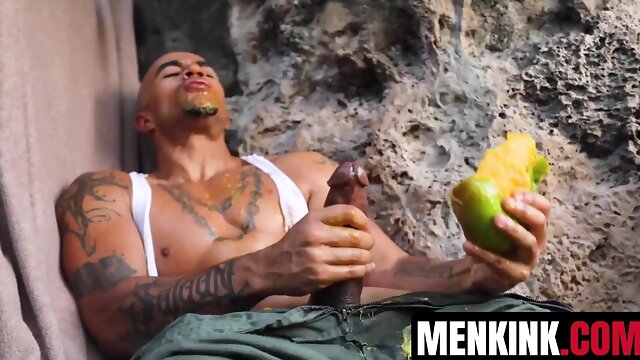 Bald dude King Noire entertains his aroused cock while stranded and alone