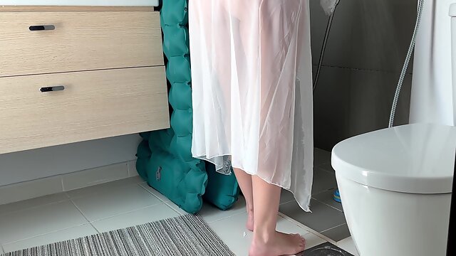 Stepmom Cleans the Bathroom in Her Sheer Dress. Slowly