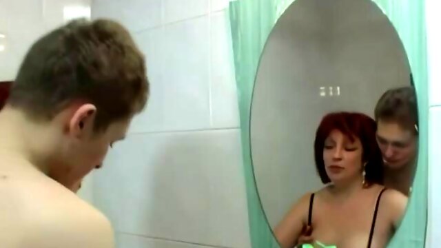 Russian mature mom Julianna in the bathroom with boy