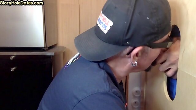 Gloryhole real DILF takes cock deep in his greedy mouth