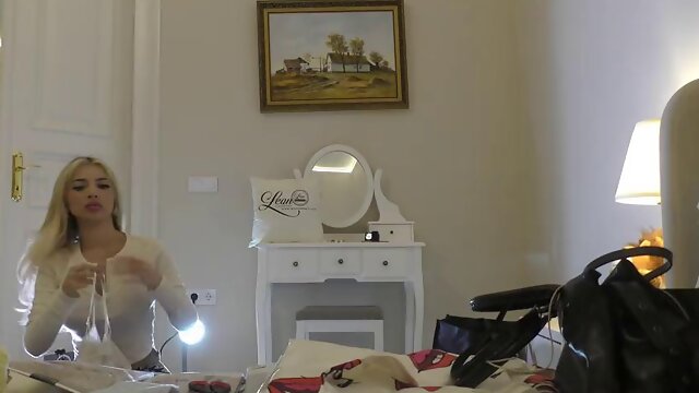 Cute Hot Tight Pussy Blonde in Red Pantyhose and Mini Skirt Takes Her Panties off to Flash Pussy and Ass