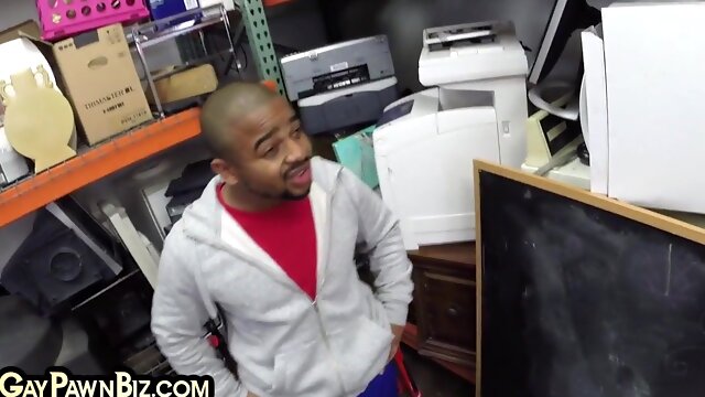 Black pawnshop gay bottomed in stockroom 3some by owners