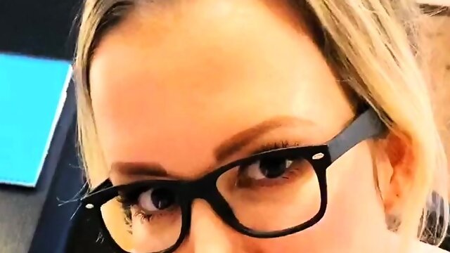 Mature milf in glasses giving handjob to lucky guy in POV