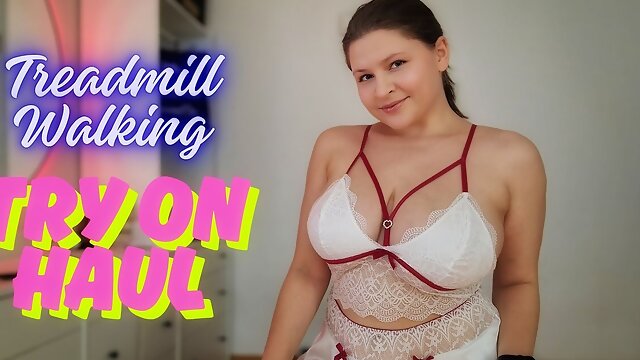Treadmill Lingerie Tease - Walking in Cute Home Outfits with Bounce & Jiggling