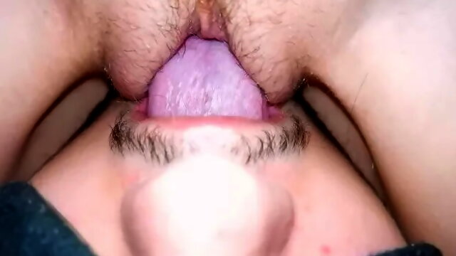 The Wife Moans from Cunnilingus, Close-up, Sitting on Her Face with a Wet Pussy.
