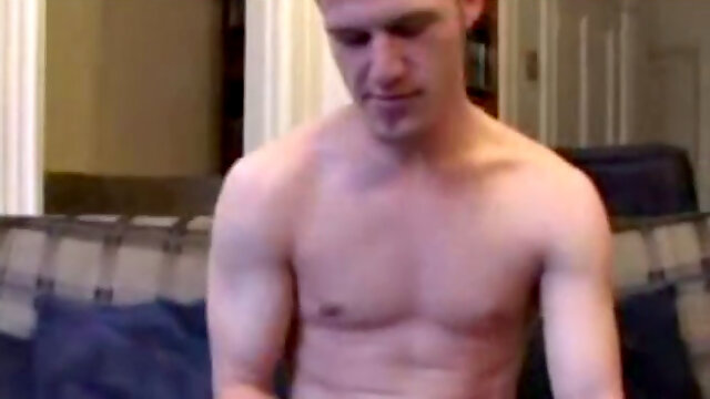 Alex West feels himself, through his jeans, and then strips naked to expose his stiff cock. He strokes for a while, and then pulls out a jelly dildo, lubes it up an dstuffs his ass with it. Alex soon pumps out a warm cum load on his chest.