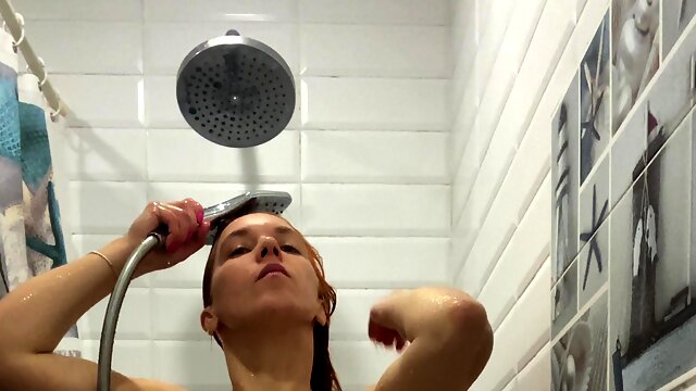Redhead Washing in the Shower and Showed Her Milky Tits, Washing Her Hairy Pussy