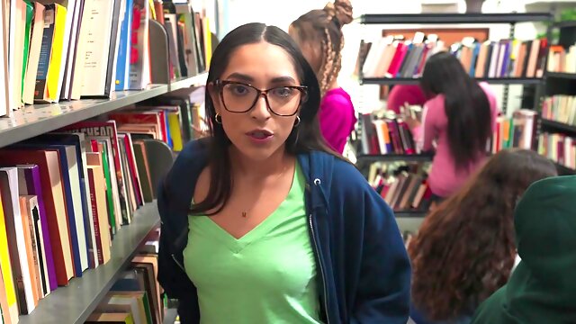 Dark-haired bookworm Madison Wilde screwed in the library