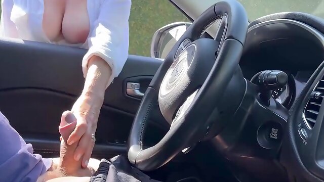 Sexy Busty MILF Helps a Stranger Cum, Milking His Dick Through the Car Window