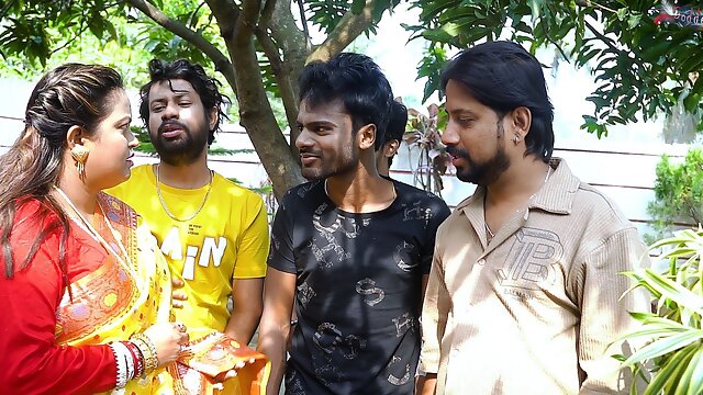 Desi Mallu Bhabhi Hardcore Different Position of Sex with Four Local Desi Boys When She Was Alone at Home ( Gangbang )
