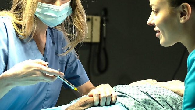 A couple of sexy chicks have a threesome with a patient