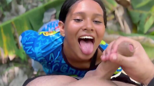 Cute peasant Latina chick is getting facialized in the jungle