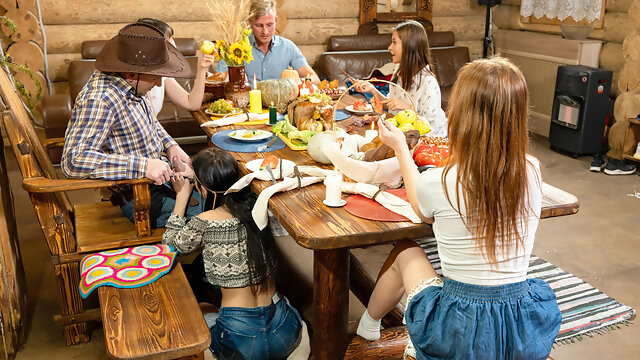 Having a Thanksgiving party with a couple of teen sluts