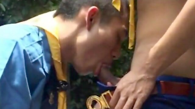 Slender Japanese scouts poking in outdoor duo after blowage