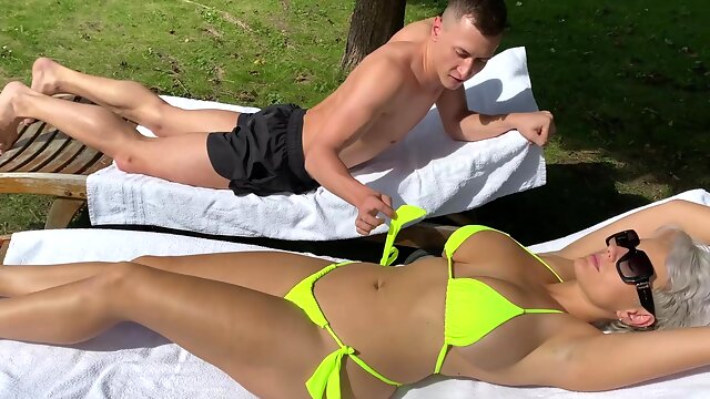 Busty hot MILF fucks with her big-cock step-son outdoor