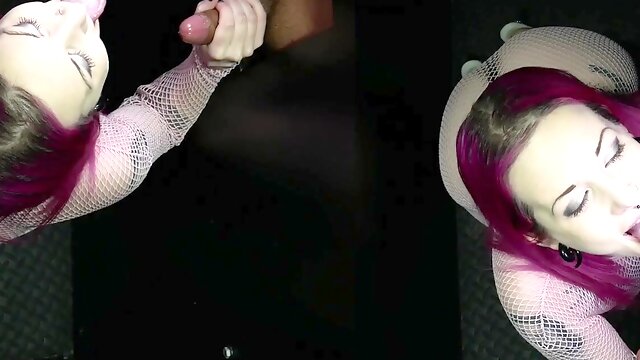 Pink haired chick Lady Laz on her knees blowing a black man