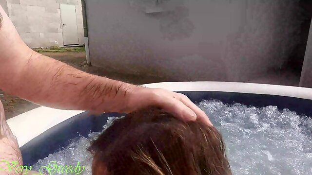 MILF Sucks Husband in Hot Tub Wearing Lipstick and Swallows All His Cum