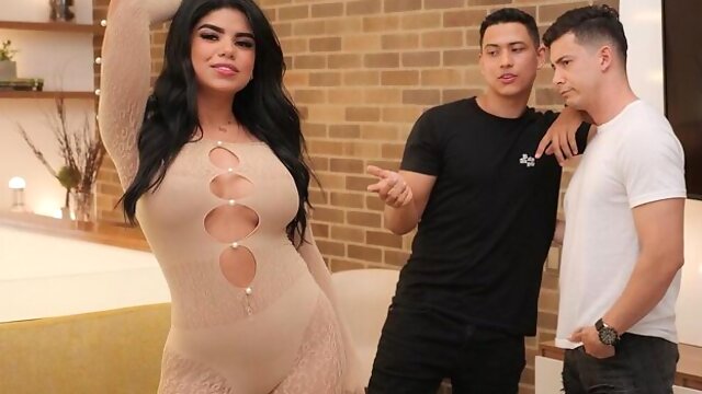Two guys fucked a long-legged busty brunette Roxsana Gutierrez