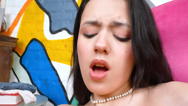 Horny Brunette On Armchair Moans While Rubbing Clit