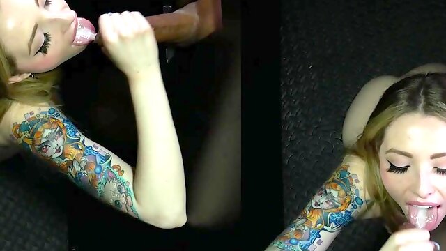 Ailee Anne skillfully sucks a cock through a hole, swallowing loads.