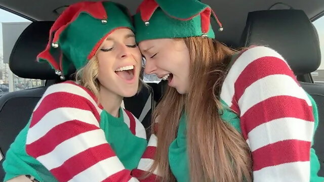 Nadia Foxx & Serenity Cox as Horny Elves Cumming in Drive Thru with Remote Co...