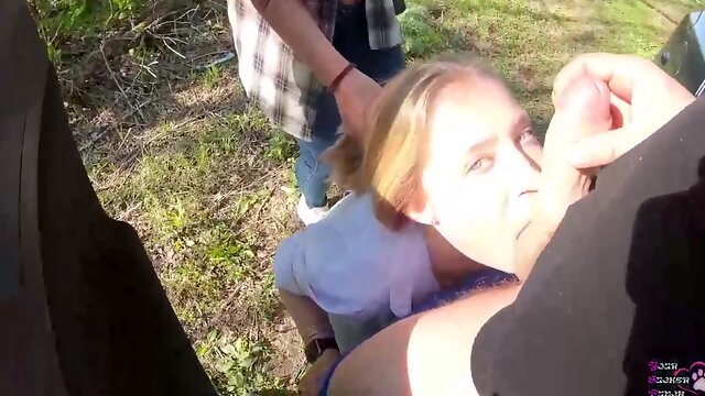 Insane brown-haired is witnessing a random dame deep-throating her beaus schlong and getting a facial cumshot popshot