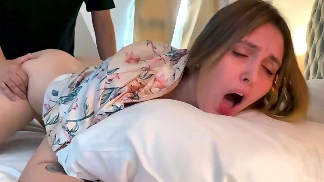 Having to share a hotel bed leads to steamy sex with stepmom