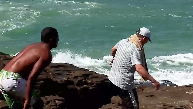 Anal on the Rocks! Busty Blonde Tourist Ass Fucked by the Locals. Interracial Outdoor Threesome with Double Penetration